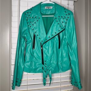 Studded Teal Faux Leather Jacket